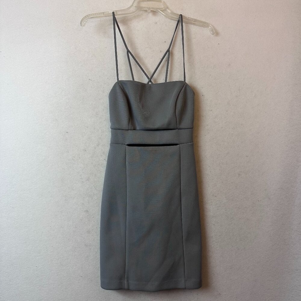 BCBGeneration dress sz‎ 4 gray silver spaghetti straps mesh cut outs knee NEW